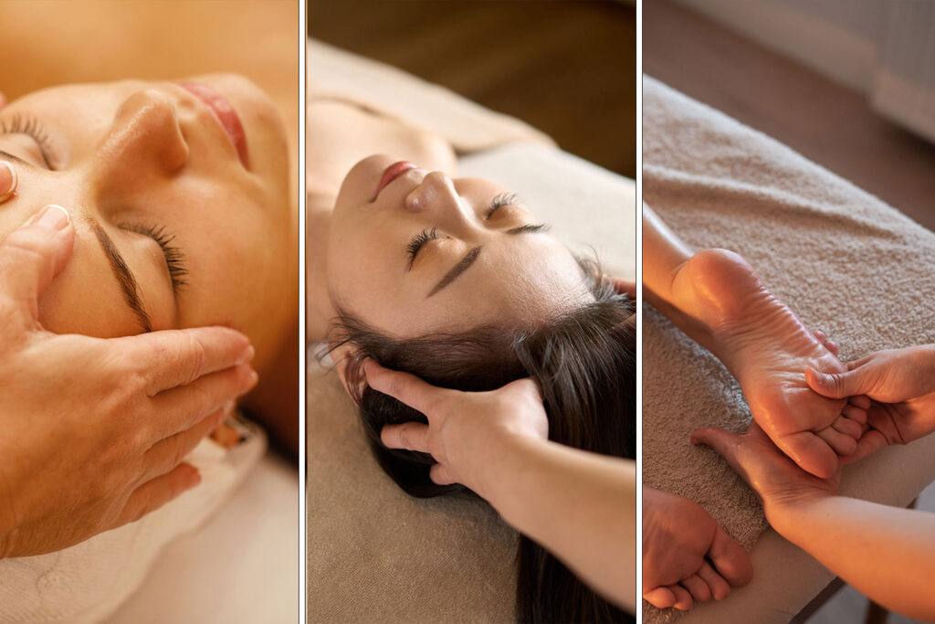 un massage crânien, un massage du visage, un massage des pieds, un massage des extrémités : pieds/mains/tête